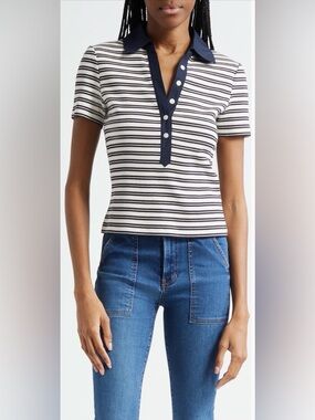 Veronica Beard Kearney Stripe Rib Stretch
Cotton Polo in Ecru/ Navy
